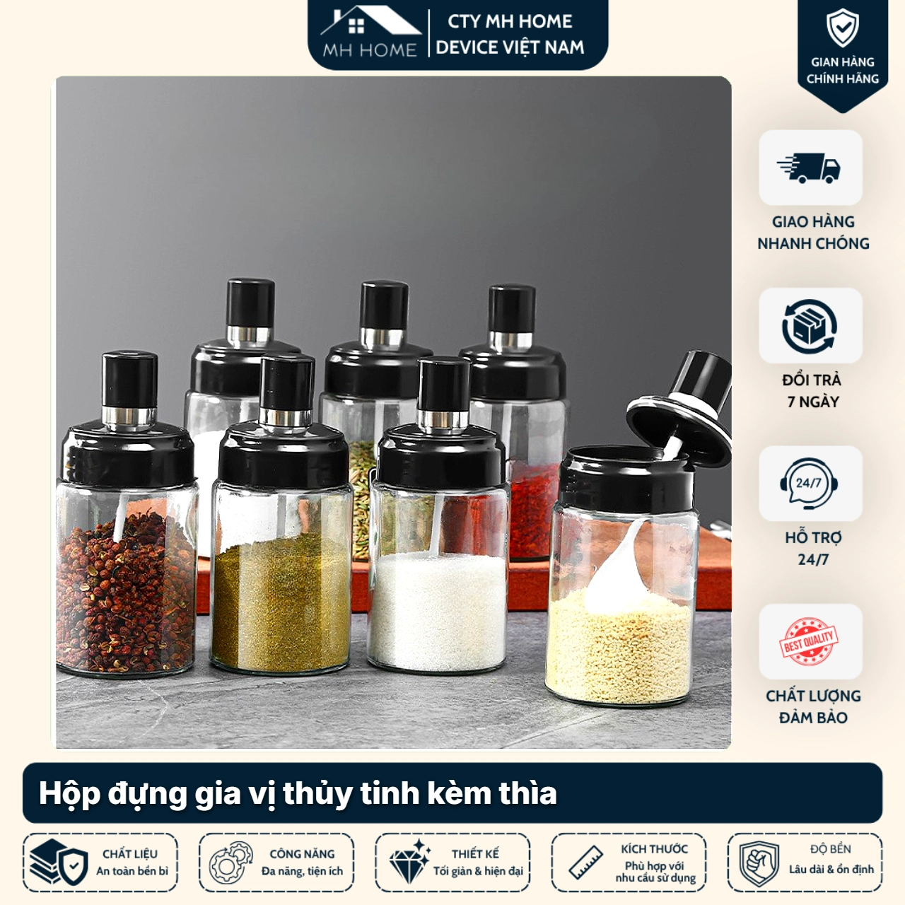 Bộ 3 Hộp Bảo Quản Thực Phẩm Thủy Tinh Kèm Hũ Gia Vị & Chai Đựng Dầu Ăn